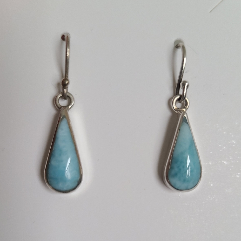 Vintage Sterling Silver Boho Blue Larimar Teardrop Drop Dangle Earrings